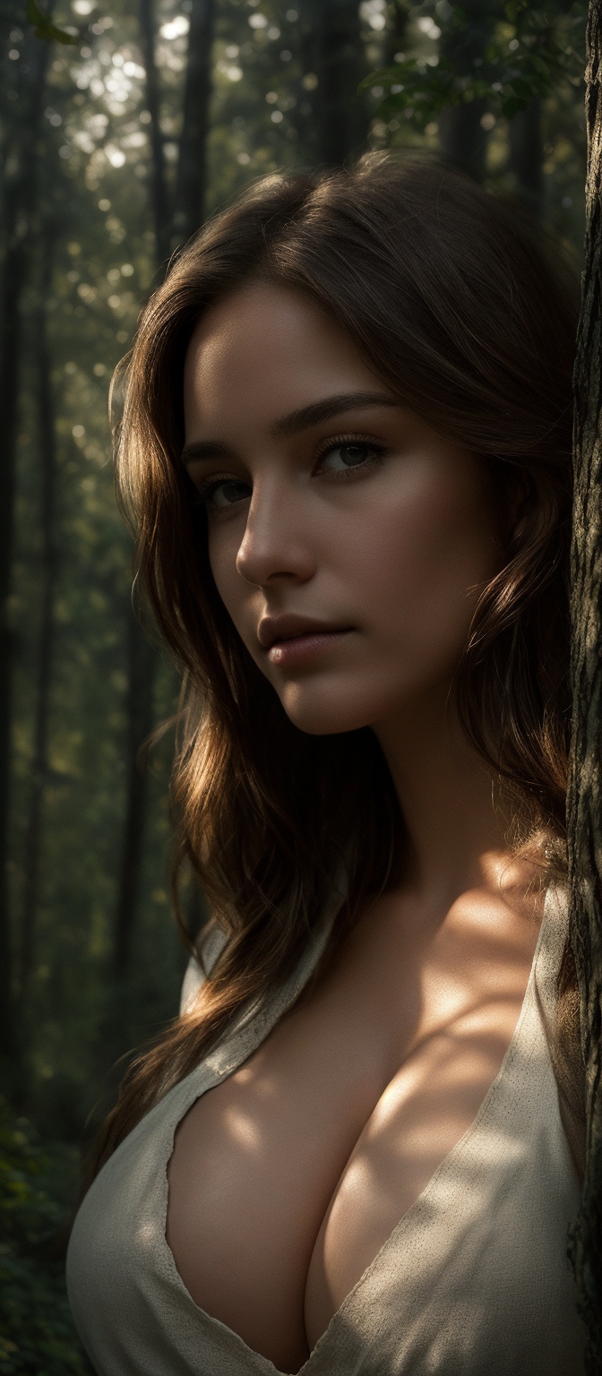 close up full portrait of woman,  brown hair,  forest background on Tensor.Art