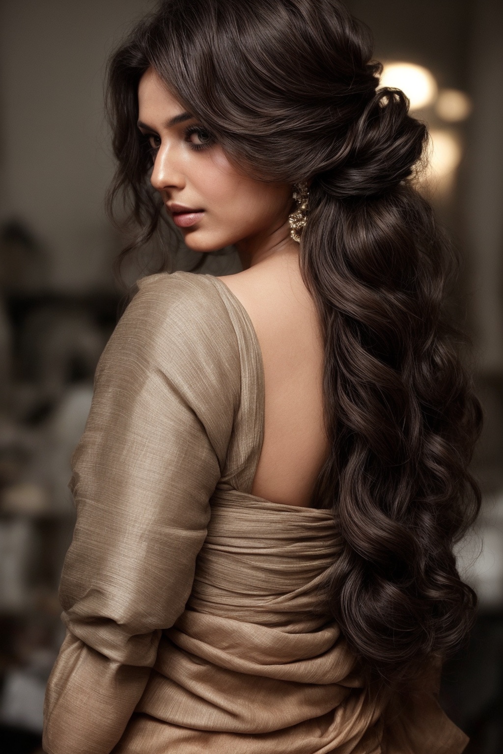 Hair styled in loose waves or an updo that complements the sari,  with makeup that enhances the model's features while mai...