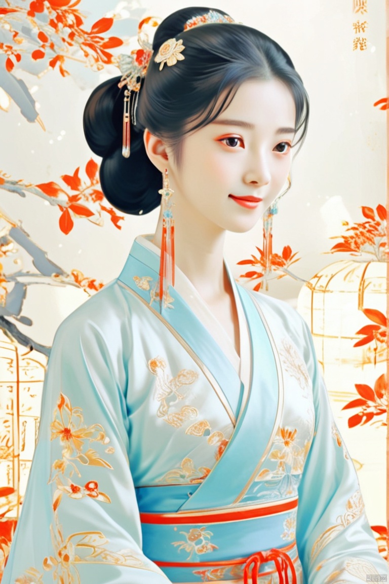 1girl,hanfu,,smile,upper body,delicate facial features,(best quality),((masterpiece)),(an extremely delicate and beautiful),original,extremely detailed wallpaper,glasscandypaper