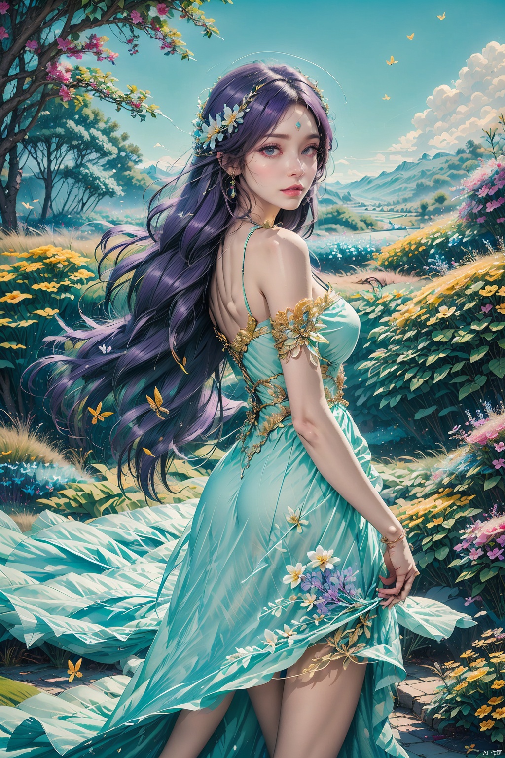  masterpiece, ultra-clear picture quality, real effect, 8k ultra-clear, fine picture effect, 1girl, solo, long hair, looking at viewer, dress, holding, bare shoulders, jewelry, purple eyes, upper body, purple hair, flower, looking back, facial mark, bug, plant, butterfly, pink dress, forehead mark, holding flower