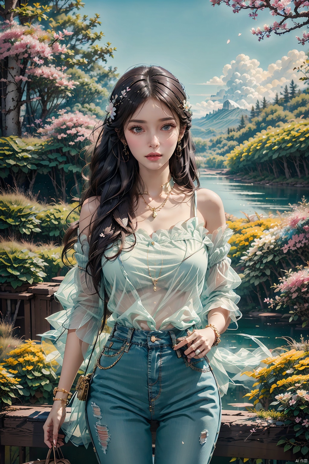  masterpiece, ultra-clear picture quality, real effect, 8k ultra-clear, fine picture effect, 1girl, solo, long hair, shirt, black hair, holding, jewelry, standing, white shirt, purple hair, flower, outdoors, day, pants, necklace, off shoulder, bag, bracelet, tree, lips, petals, denim, cherry blossoms, building, pink flower, jeans, handbag, ((poakl))