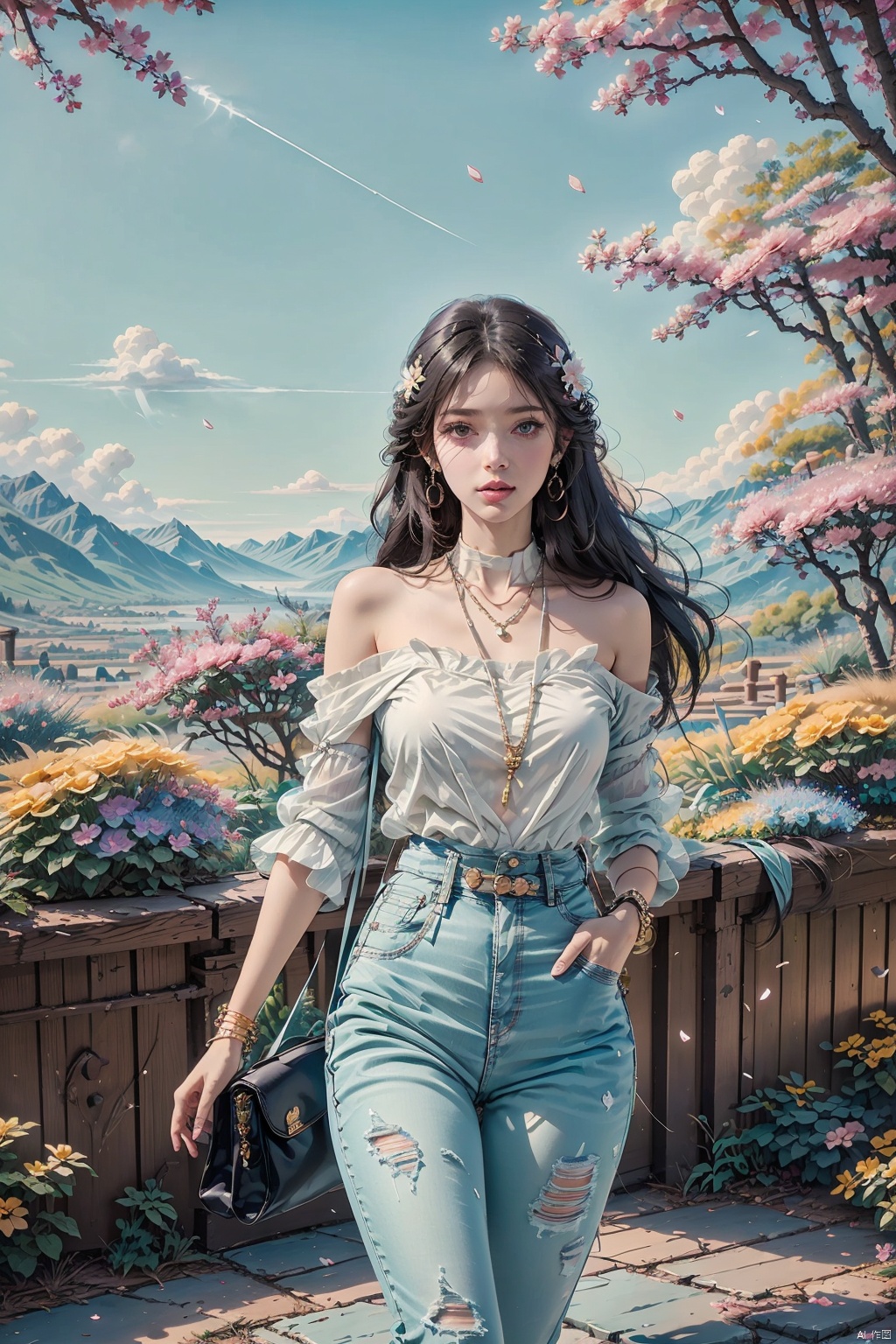  masterpiece, ultra-clear picture quality, real effect, 8k ultra-clear, fine picture effect, 1girl, solo, long hair, shirt, black hair, holding, jewelry, standing, white shirt, purple hair, flower, outdoors, day, pants, necklace, off shoulder, bag, bracelet, tree, lips, petals, denim, cherry blossoms, building, pink flower, jeans, handbag