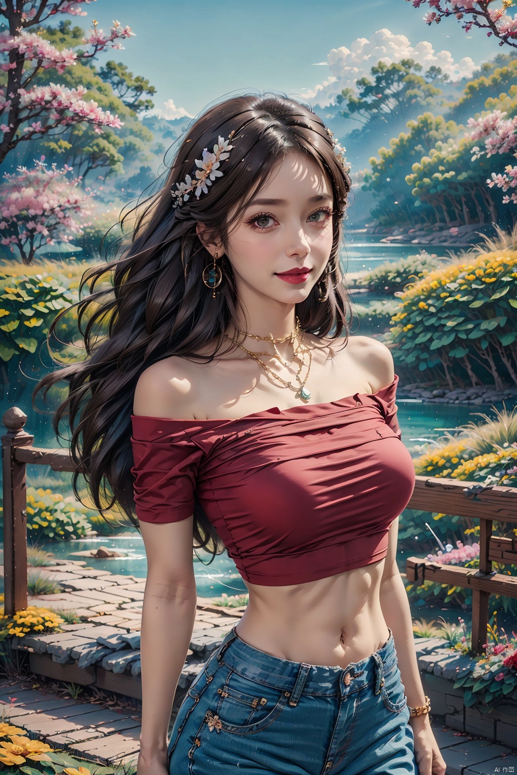  masterpiece, ultra-clear picture quality, real effect, 8k ultra-clear, fine picture effect, 1girl, solo, long hair, breasts, looking at viewer, smile, brown hair, shirt, black hair, navel, jewelry, flower, short sleeves, earrings, outdoors, parted lips, day, midriff, pants, necklace, off shoulder, lips, crop top, head tilt, leaf, plant, denim, cherry blossoms, building, red shirt, jeans, realistic, off-shoulder shirt, red lips