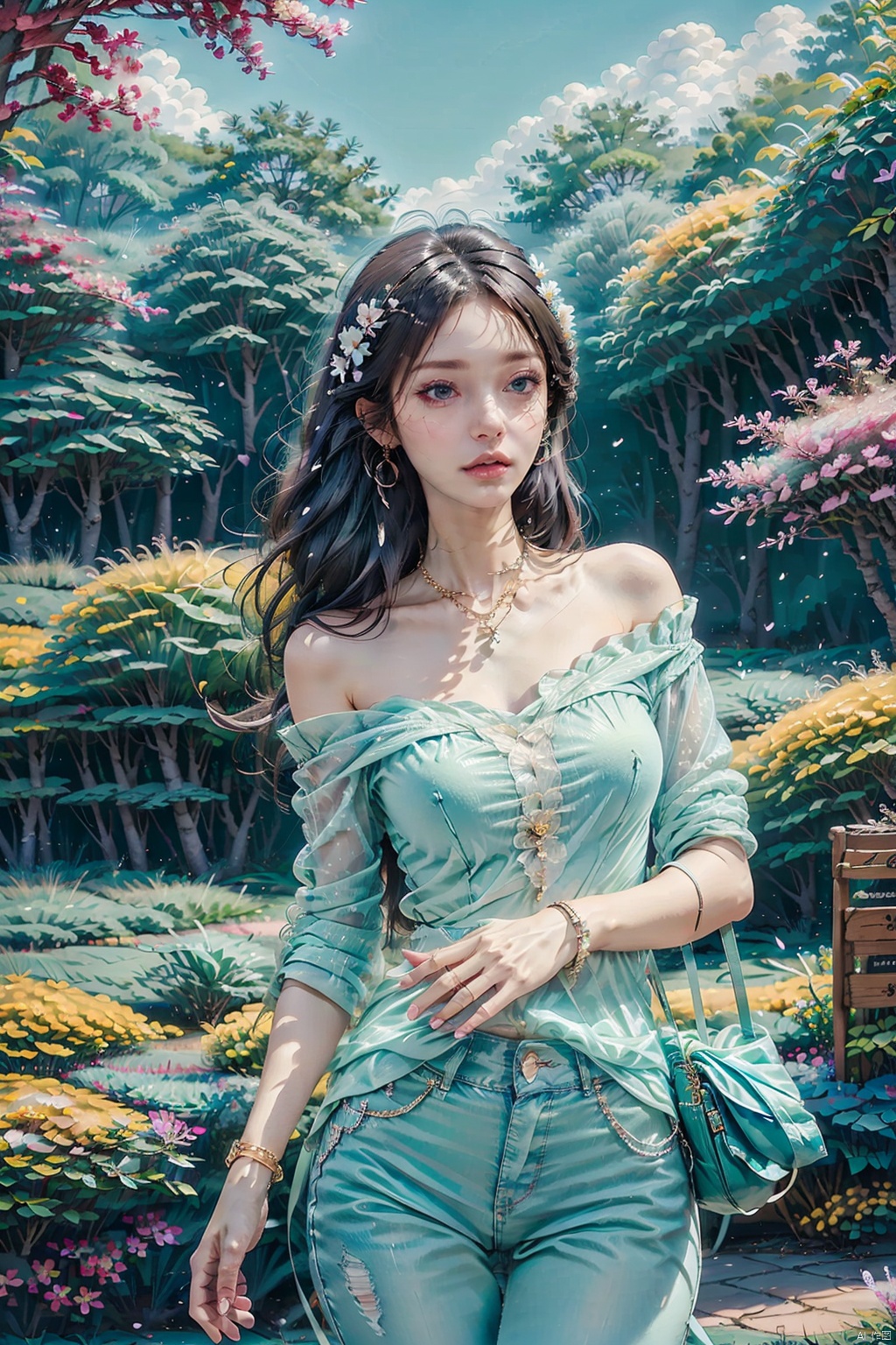  masterpiece, ultra-clear picture quality, real effect, 8k ultra-clear, fine picture effect, 1girl, solo, long hair, shirt, black hair, holding, jewelry, standing, white shirt, purple hair, flower, outdoors, day, pants, necklace, off shoulder, bag, bracelet, tree, lips, petals, denim, cherry blossoms, building, pink flower, jeans, handbag