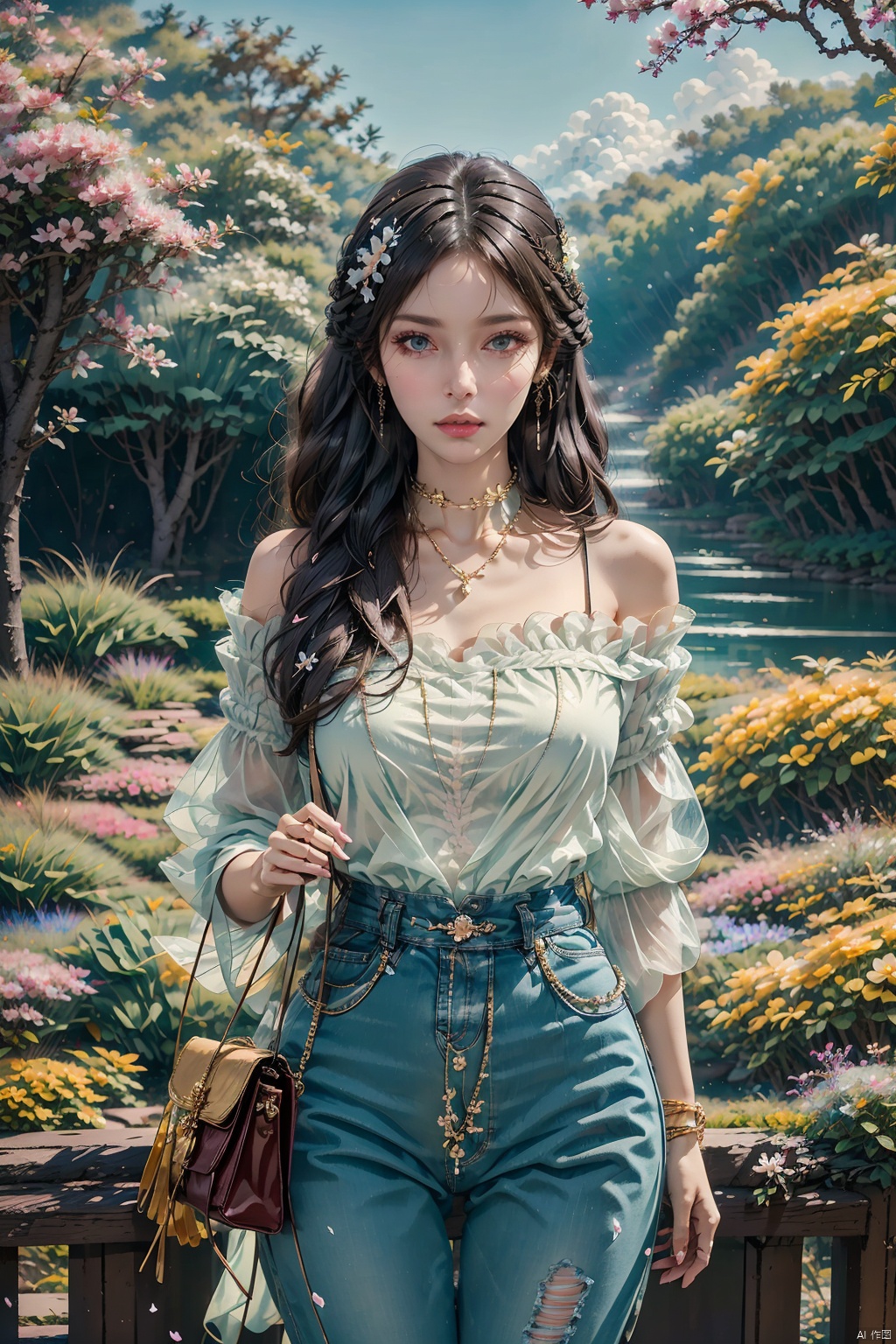  masterpiece, ultra-clear picture quality, real effect, 8k ultra-clear, fine picture effect, 1girl, solo, long hair, shirt, black hair, holding, jewelry, standing, white shirt, purple hair, flower, outdoors, day, pants, necklace, off shoulder, bag, bracelet, tree, lips, petals, denim, cherry blossoms, building, pink flower, jeans, handbag, ((poakl))
