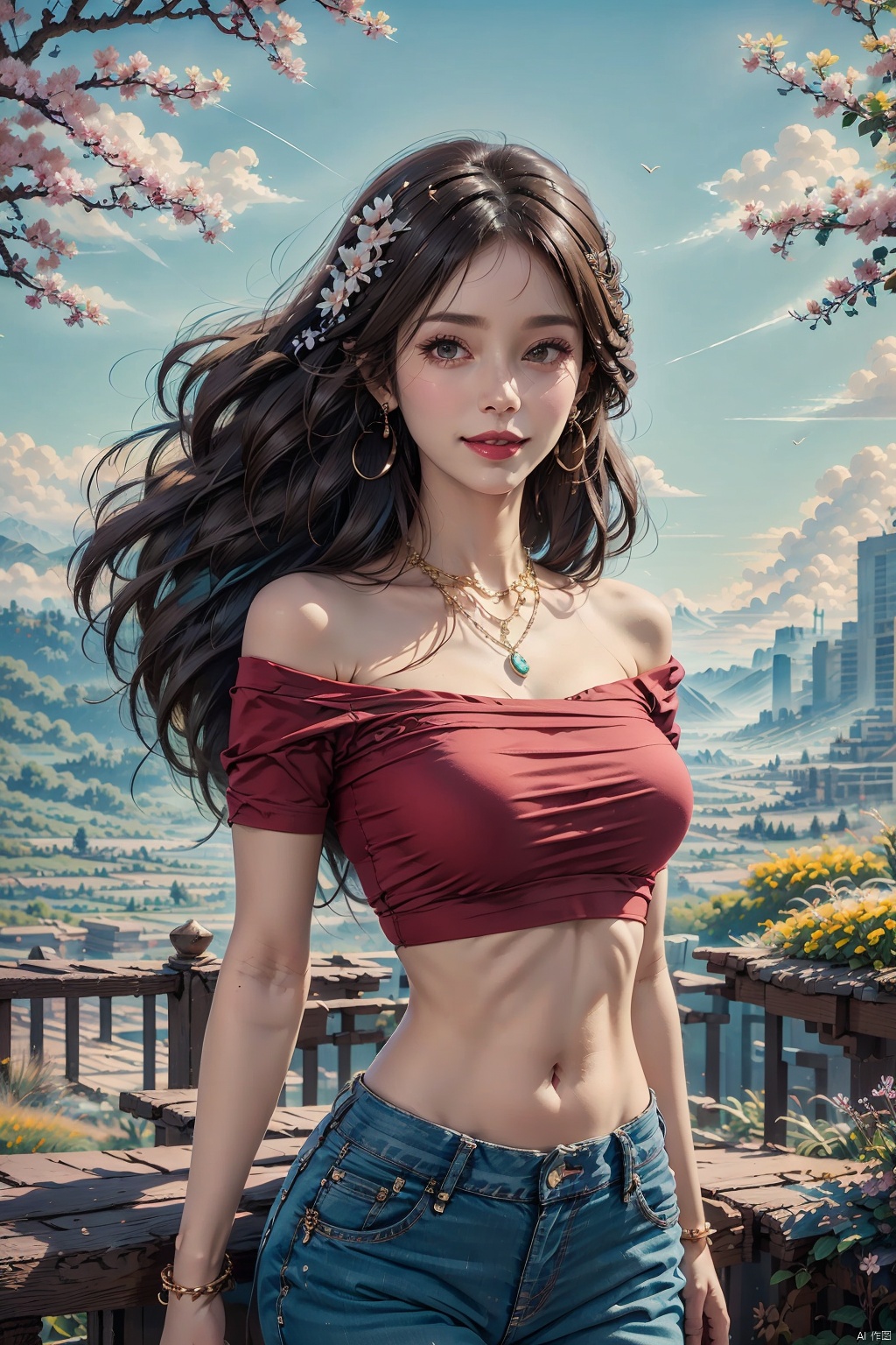  masterpiece, ultra-clear picture quality, real effect, 8k ultra-clear, fine picture effect, 1girl, solo, long hair, breasts, looking at viewer, smile, brown hair, shirt, black hair, navel, jewelry, flower, short sleeves, earrings, outdoors, parted lips, day, midriff, pants, necklace, off shoulder, lips, crop top, head tilt, leaf, plant, denim, cherry blossoms, building, red shirt, jeans, realistic, off-shoulder shirt, red lips