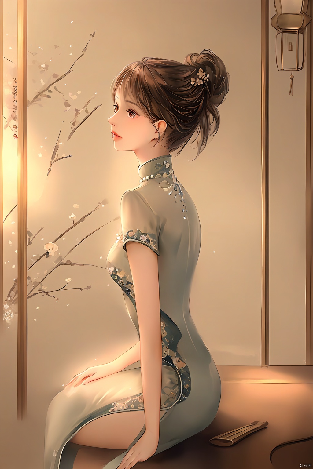 女孩,旗袍,盘发,壁纸,全身,侧身坐,侧光,增加细节,景深（协调人景）,室内,暖色光影