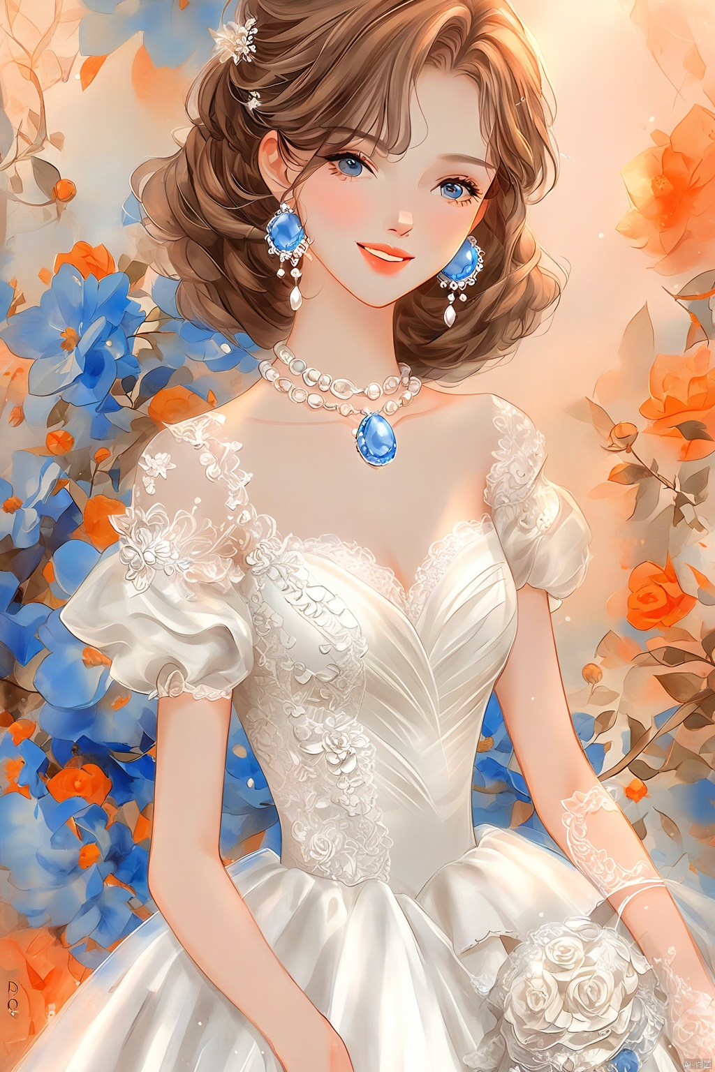 水彩风格:1.5安妮梅风格,微笑:1.5,棕色头发,白色婚纱,高低裙,由迪奥设计,夸张的珠宝,大蓝宝石项链,蕾丝点缀,浮夸的蓝色耳环,花,Vogue杂志封面风格,全身照,浅蓝色背景:1.3,暖橙色照明,柔和的光线,柔和的阴影,无对比度,专业颜色分级,清晰的轮廓,时尚姿势,水墨风格,超细节,高细节