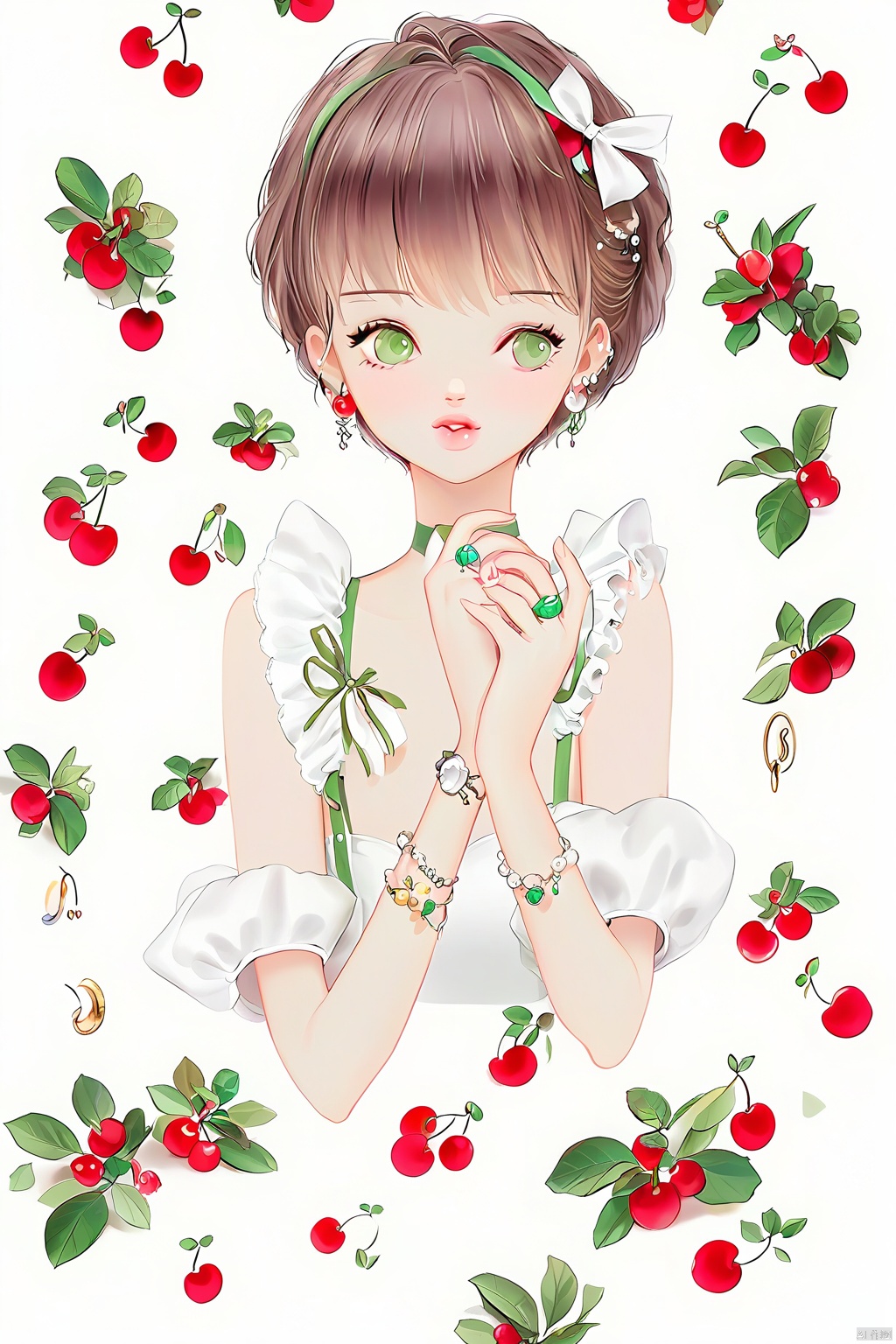 1girl, jewelry, solo, ring, earrings, short sleeves, ribbon, puffy sleeves, fruit, food, gem, puffy short sleeves, green eyes, hair ribbon, bracelet, flower, bow, brown hair, upper body, parted lips, leaf, white flower, shirt, cherry, white background, white shirt, apple