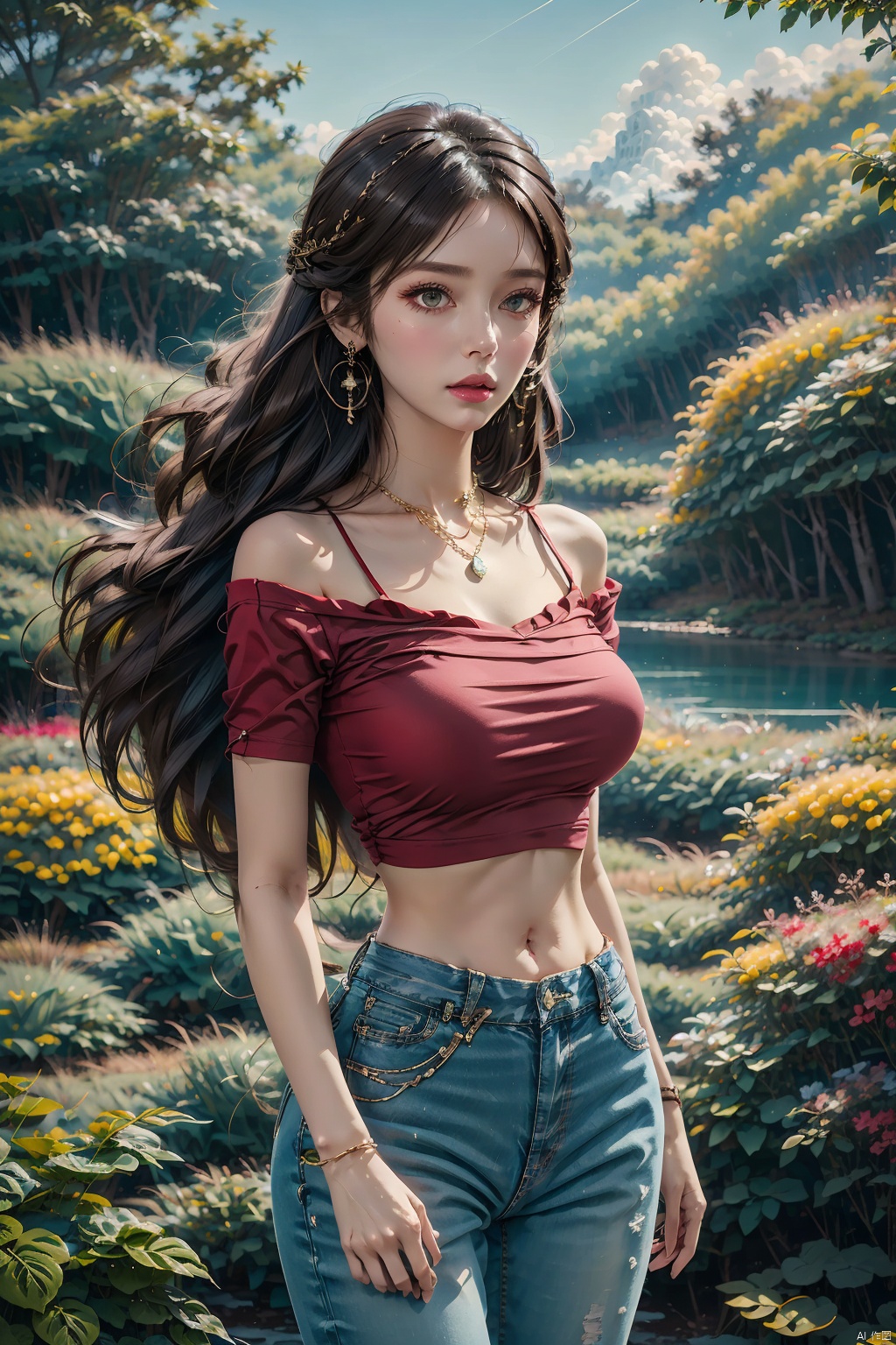  masterpiece, ultra-clear picture quality, real effect, 8k ultra-clear, fine picture effect, ((poakl)),1girl, solo, long hair, breasts, looking at viewer, brown hair, shirt, black hair, navel, bare shoulders, jewelry, medium breasts, standing, collarbone, short sleeves, cowboy shot, earrings, outdoors, parted lips, day, midriff, pants, necklace, off shoulder, tree, lips, crop top, parted bangs, makeup, leaf, plant, denim, building, red shirt, pink shirt, jeans, stairs, realistic, arms at sides, off-shoulder shirt, red lips, bush, cropped shirt