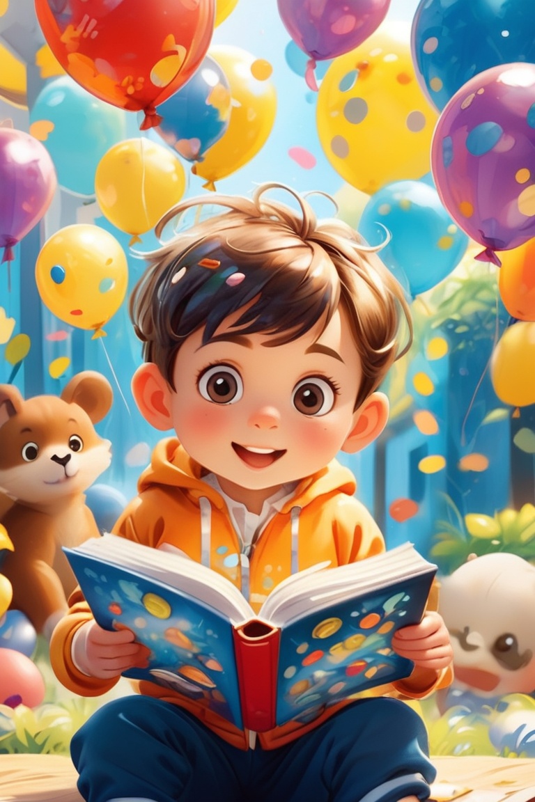 A boy child reading a book, reading, zoo, many balloons, clear focus, clutter-home, masterpiece, Bokeh, Best quality, Intricate details, 8K, Sharp Focus, Happy, kidz, pastelmix