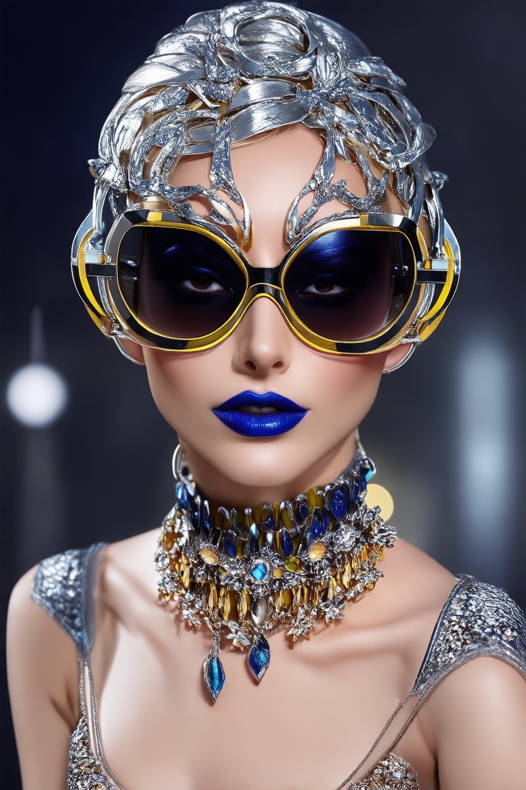 The image depicts a portrait of a person with stylized features. The a woman wears a futuristic glasses,  3d,  metallic sc...