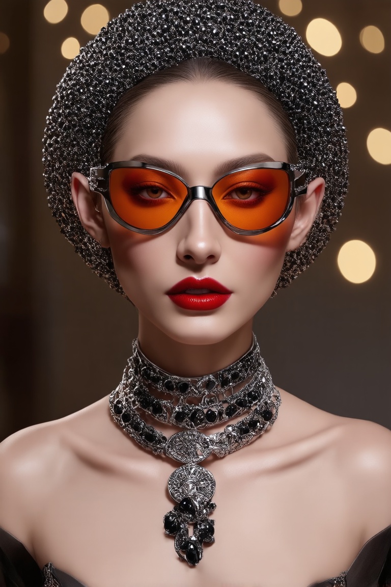 The image depicts a portrait of a person with stylized features. The a woman wears and wears black dots on her head,  in t...