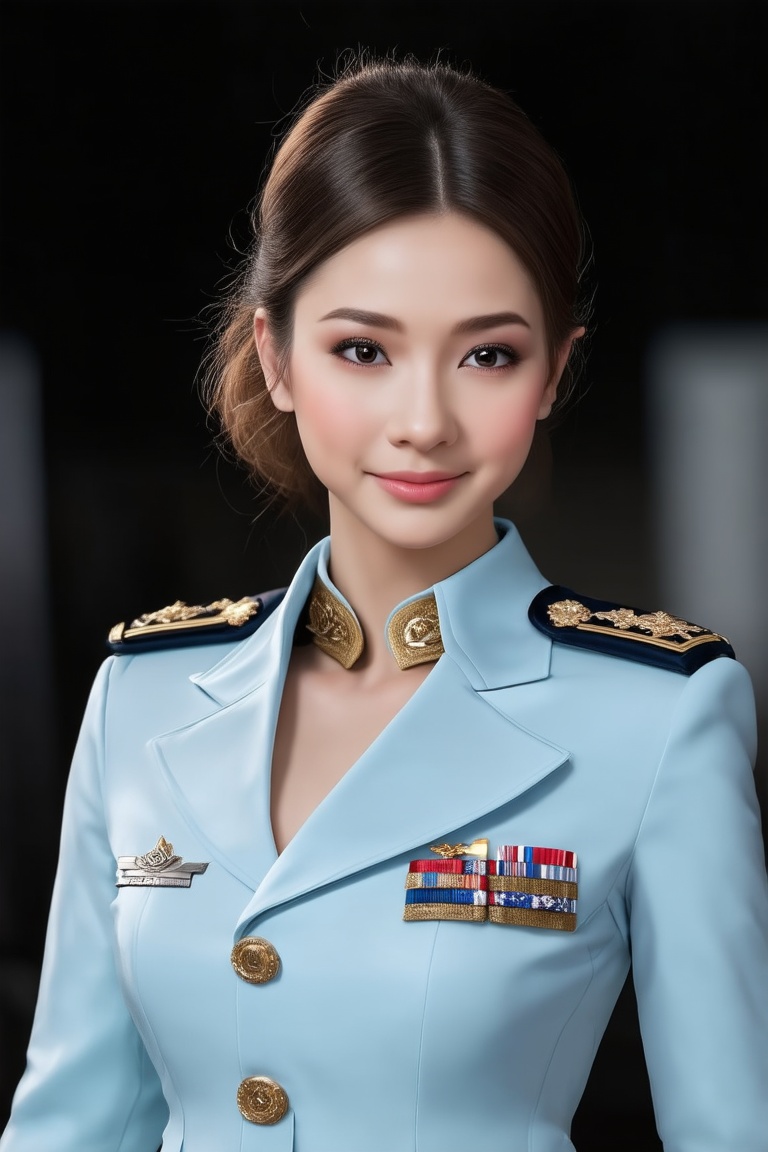 The image depicts a portrait of a young hottest de l'air with stylized features. she is elegant,  emotive faces,  smile on...