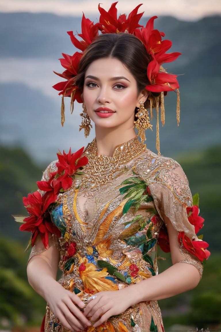 The image showcases a portrait of a woman from south america,  with striking features. The woman is adorned with tropical...