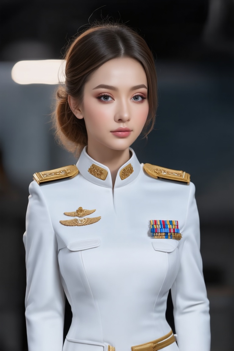 The image depicts a portrait of a young hottest de l'air with stylized features. she is elegant,  emotive faces,  bun hair...