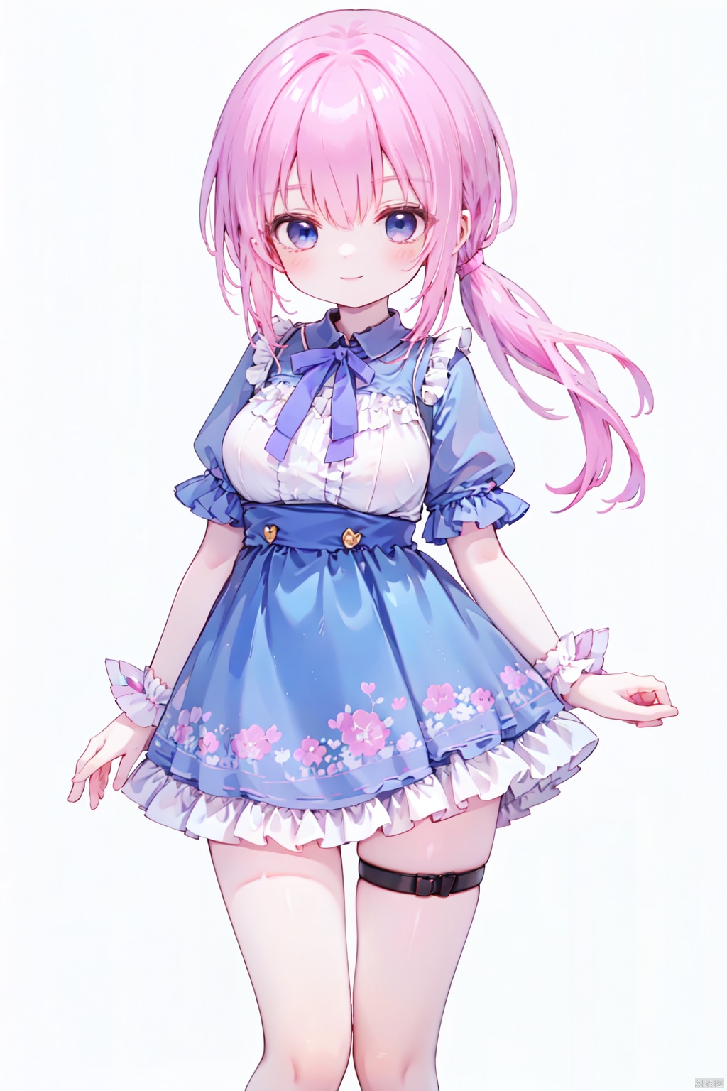solo,(low ponytail:1.1),(pink_hair),smile,thigh,breast,blue eyes,loli,simple_background,upper_body,frilled dress,
