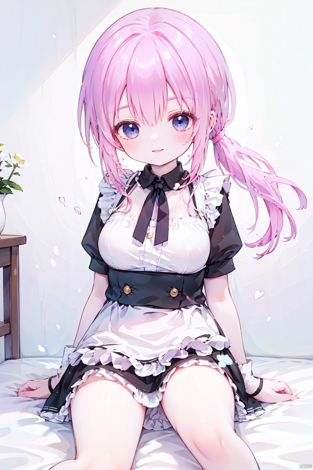 solo,(low ponytail:1.1),(pink_hair),smile,thigh,breast,blue eyes,loli,maid,sitting,