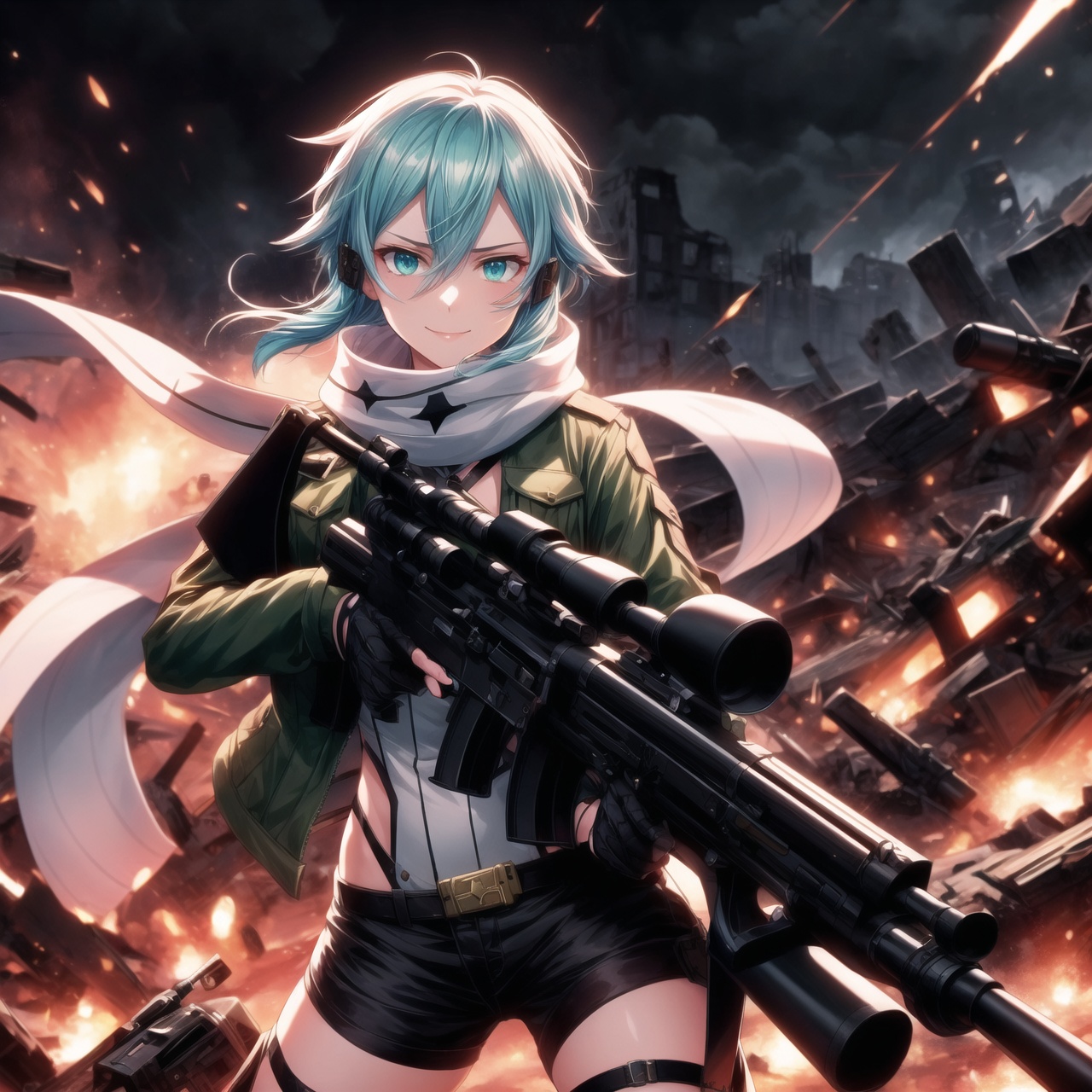 Highly detailed anime illustration of Sinon in the midst of a desolate battlefield,  her blue hair whipping in the wind as...