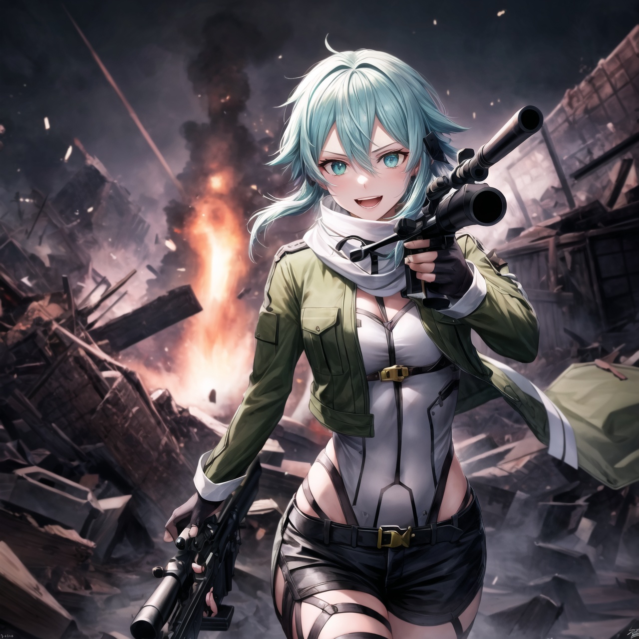 Highly detailed anime illustration of Sinon in the midst of a desolate battlefield,  her blue hair whipping in the wind as...