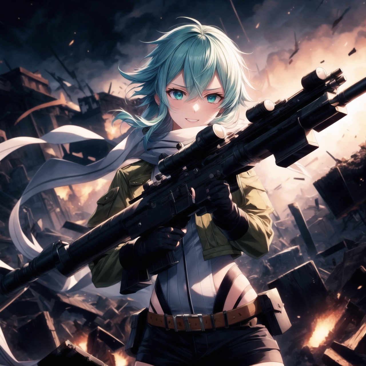 Highly detailed anime illustration of Sinon in the midst of a desolate battlefield,  her blue hair whipping in the wind as...