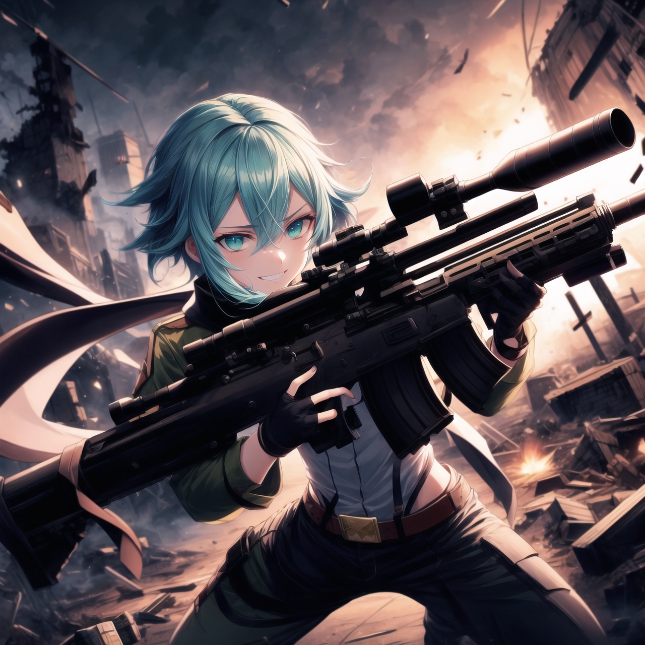 Highly detailed anime illustration of Sinon in the midst of a desolate battlefield,  her blue hair whipping in the wind as...