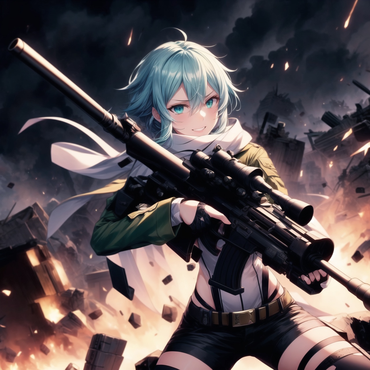 Highly detailed anime illustration of Sinon in the midst of a desolate battlefield,  her blue hair whipping in the wind as...