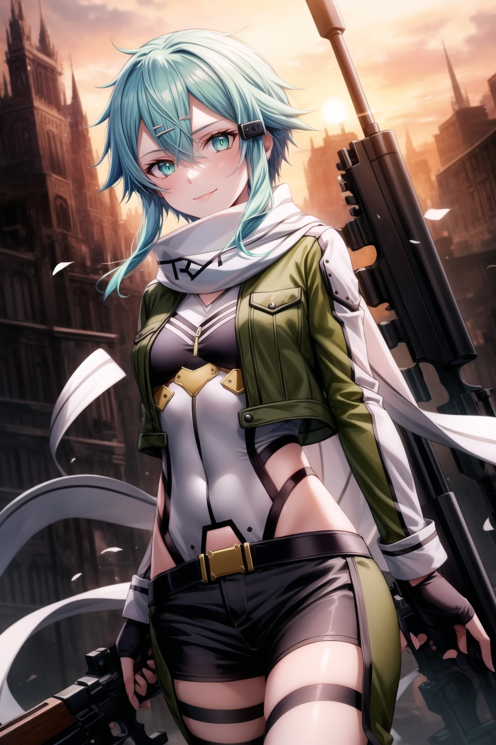 Highly detailed anime illustration of Sinon,  standing confidently and looking directly at the viewer with a sly smile. He...