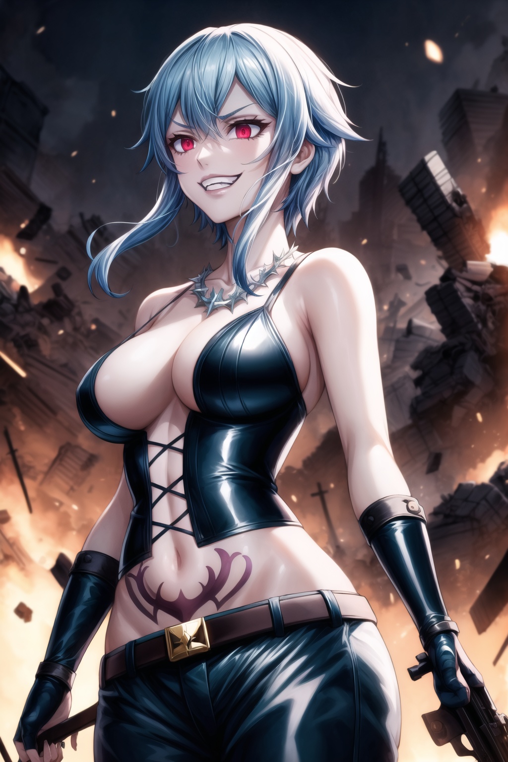 Highly detailed anime illustration of Sinon in the midst of a desolate battlefield,  her blue hair whipping in the wind as...