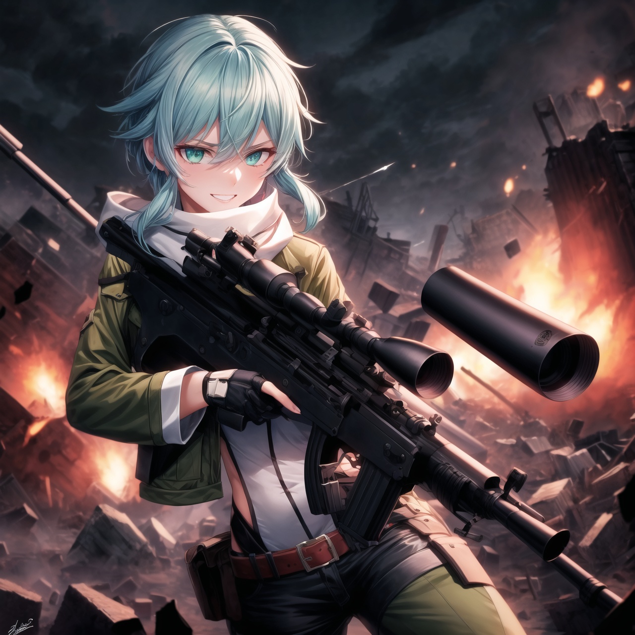 Highly detailed anime illustration of Sinon in the midst of a desolate battlefield,  her blue hair whipping in the wind as...