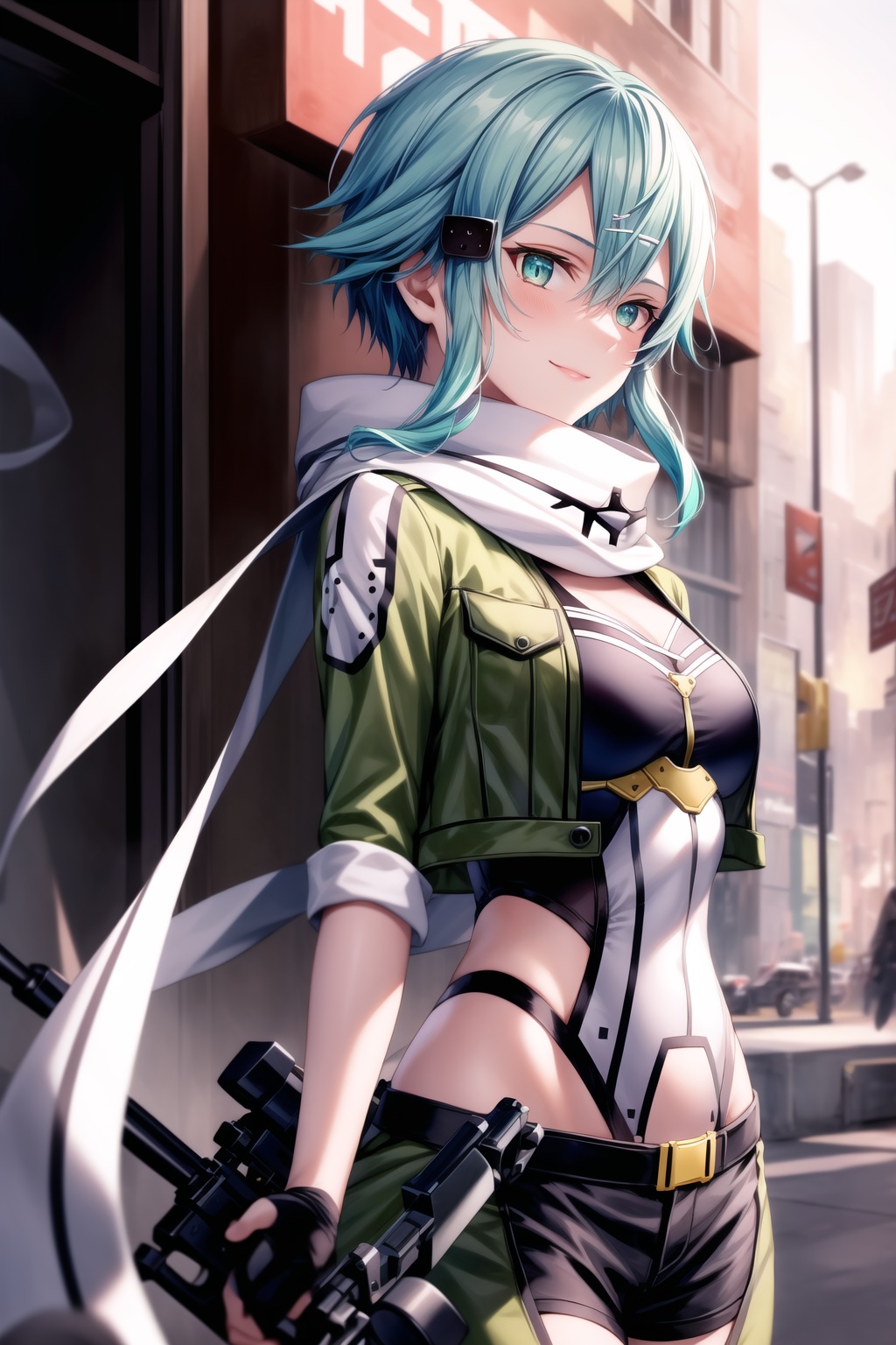 Highly detailed anime illustration of Sinon,  standing confidently and looking directly at the viewer with a sly smile. He...