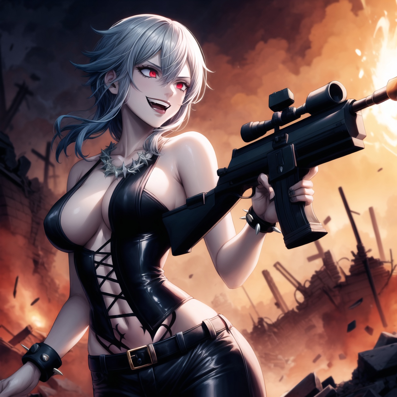 Highly detailed anime illustration of Sinon in the midst of a desolate battlefield,  her blue hair whipping in the wind as...