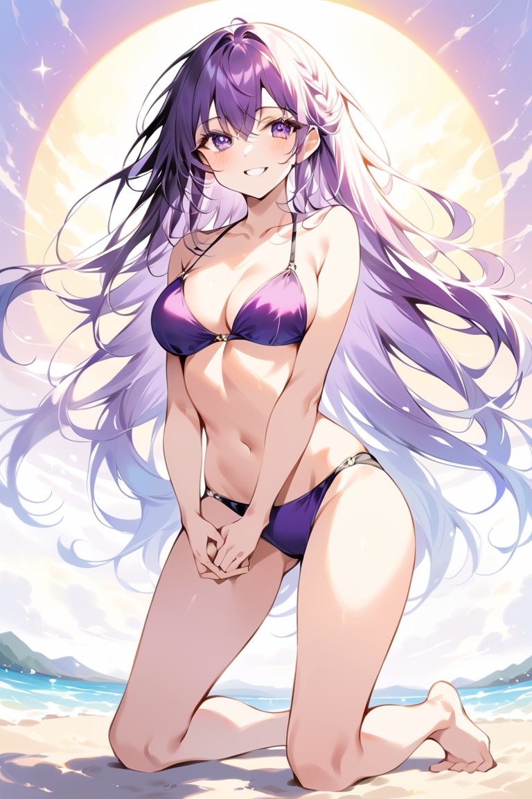 A masterpiece of anime artistry depicts a stunning young woman in a svelte purple bikini,  kneeling on the sun-kissed beac...