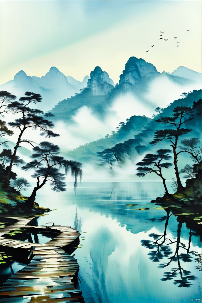A serene misty morning in a tranquil Chinese landscape, with rolling hills of emerald green and wispy clouds drifting lazily across a cerulean sky. A winding path meanders through the lush vegetation, disappearing into the fog-shrouded mountains in the distance. In the foreground, a delicate willow tree bends towards the water's edge, its slender branches reflected perfectly in the still pond.