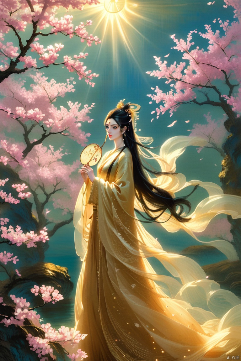 Golden light illuminates a serene forest glade as a stunning Chinese fairy, her long black hair cascading like raven's wings, stands amidst blooming cherry blossoms. Her porcelain skin glows with an ethereal aura, and delicate features are set aglow by the soft sunbeams filtering through the trees. She wears a flowing silk gown in shimmering shades of crimson and gold, its wispy folds billowing behind her like a celestial mist.