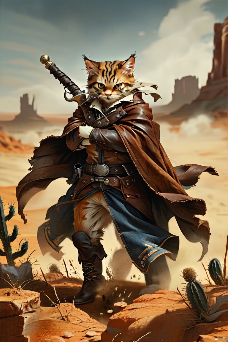 A close-up shot of a feline figure, dressed in a rugged Western-inspired vigilante outfit, complete with a worn leather duster coat, frayed denim shirt, and scuffed boots. The cat's eyes gleam with determination as it grips a worn, ornate sword hilt, the blade slanting across its chest. A dusty, sun-scorched landscape stretches behind, punctuated by cacti and rocky outcroppings.