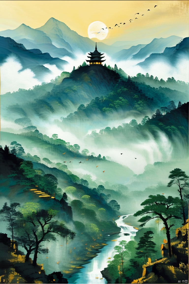 A serene misty mountain range stretches across the canvas, with lush green forests and winding rivers meandering through the valleys. A majestic pagoda sits atop a hill, its delicate turrets and eaves adorned with fluttering ribbons and wispy clouds drift lazily by. Soft golden light filters through the mist, casting dappled shadows on the tranquil landscape.