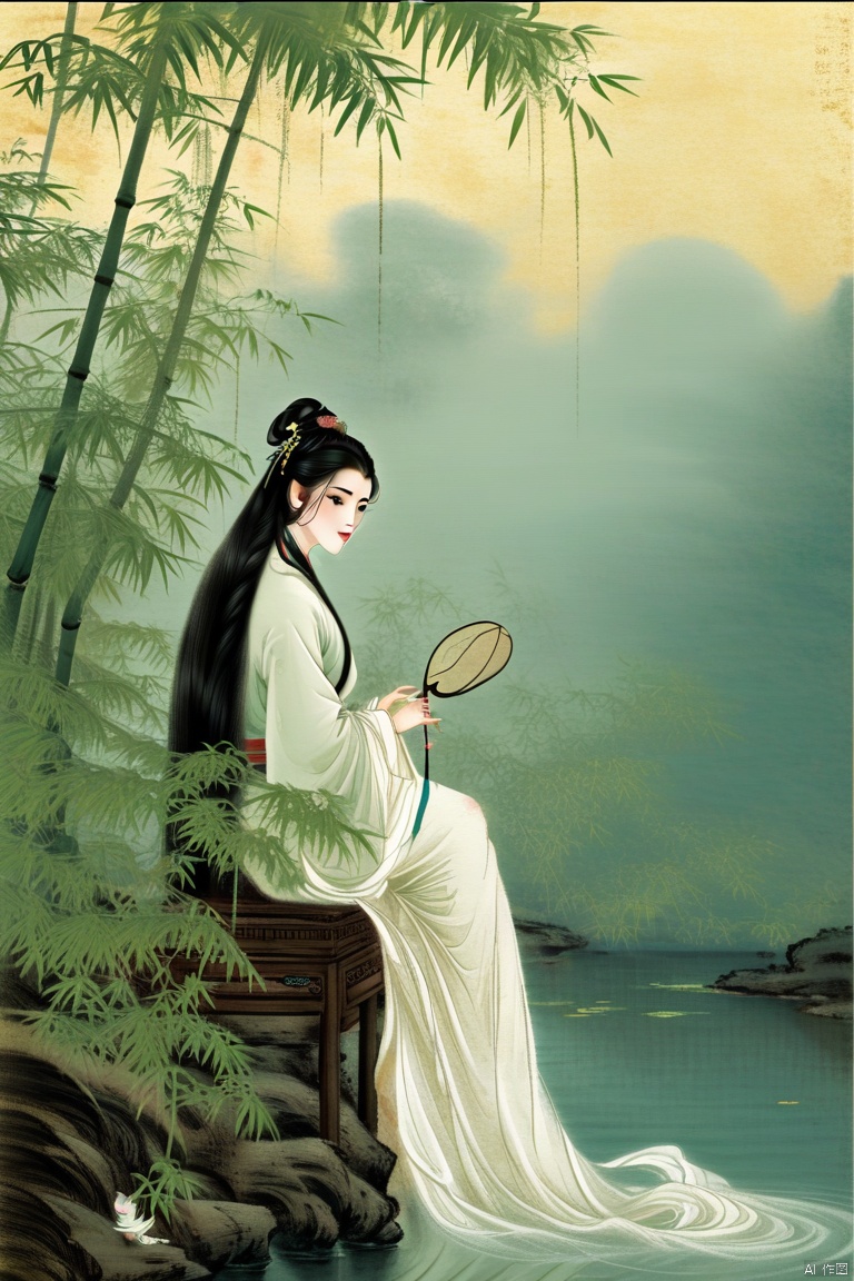 A serene Chinese beauty sits on a intricately carved wooden stool, surrounded by lush greenery in a traditional garden setting. Soft, golden light filters through the bamboo shoots, illuminating her delicate features and long black hair that cascades down her back like a waterfall. Her eyes gaze softly into the distance, a hint of melancholy on her porcelain-doll complexion.