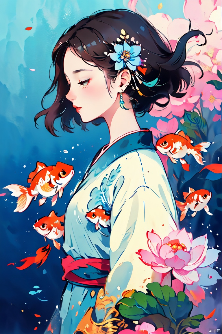 1girl, solo, black_hair, hair_ornament, long_sleeves, jewelry, closed_mouth, closed_eyes, upper_body, flower, earrings, from_side, petals, eyelashes, profile, chinese_clothes, looking_down, animal_print, gem, fish, beads, blue_flower, goldfish, fish_print, koi,kkla