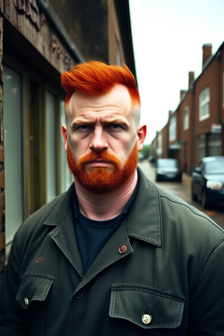 long shot of working class 35 year old beefy sweaty red headed Scottish man crew cut hair with stubble Sony fx9,  50mm,  f...