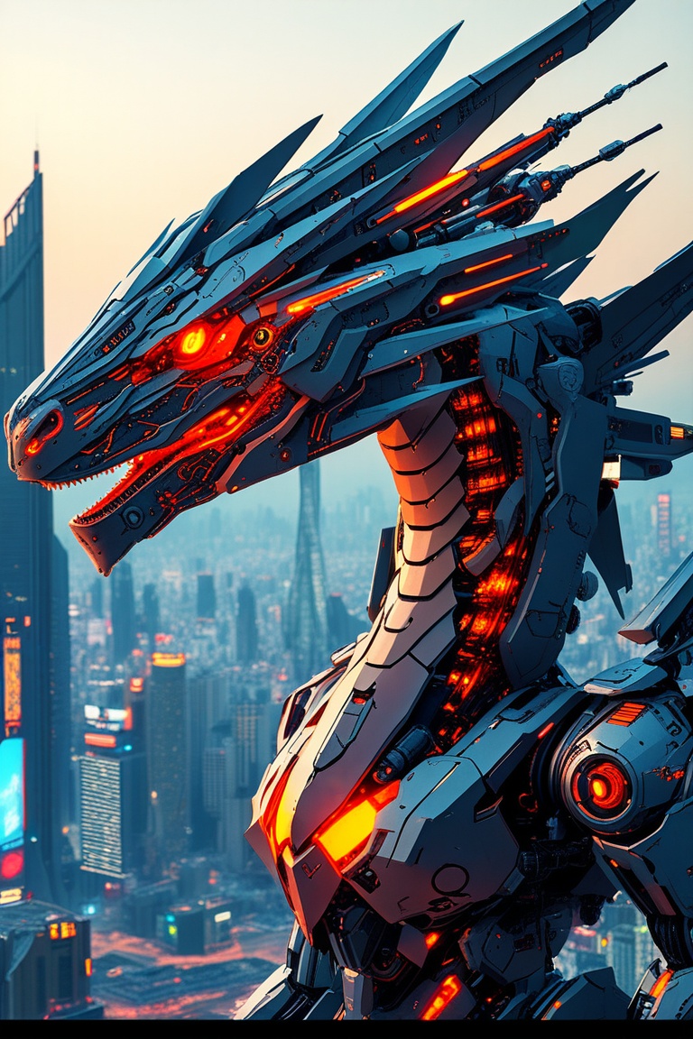 Design a robotic dragon with a mechanical body and fiery breath,  set against a backdrop of a futuristic city on Tensor.Art