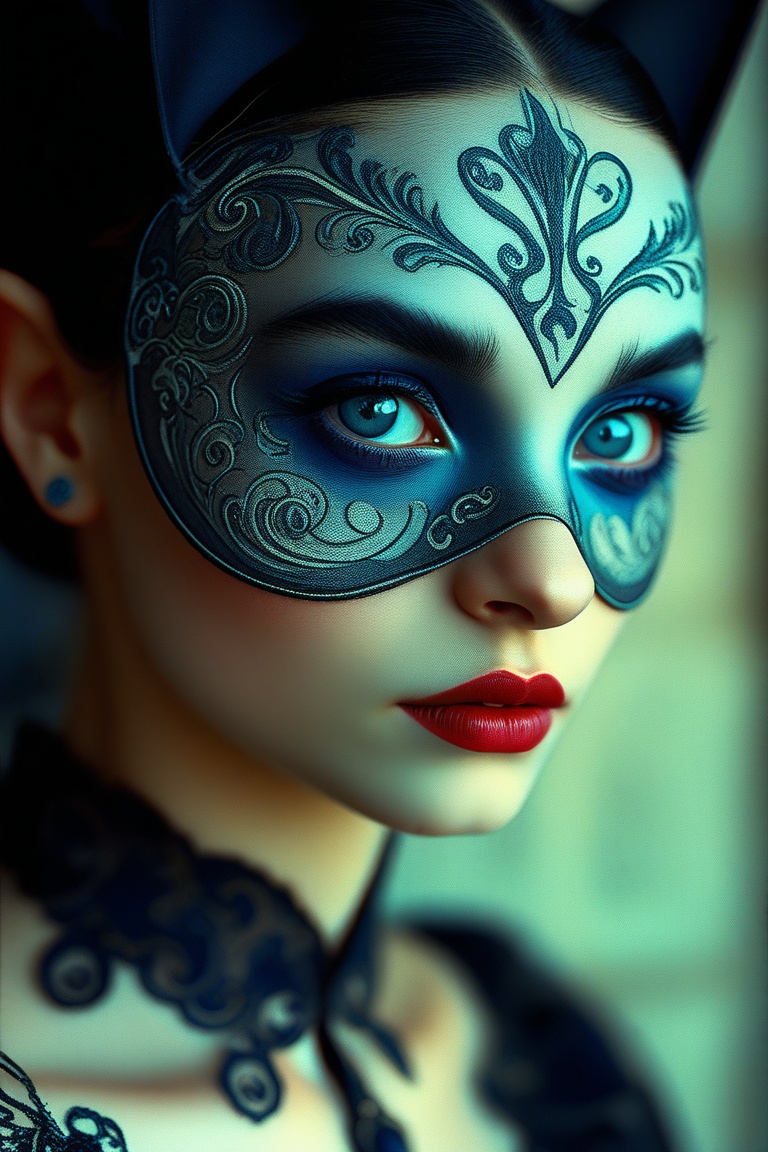 A (2000s vintage RAW photo) of a female bat with black hair and blue eyes,  her face adorned in intricate patterns. Her at...