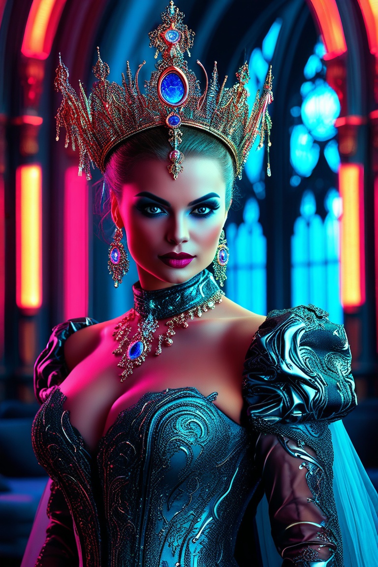 Cyber-Baroque Queen -- Regal queen in a cyberpunk-infused Baroque gown,  metallic textures,  neon detailing on Tensor.Art