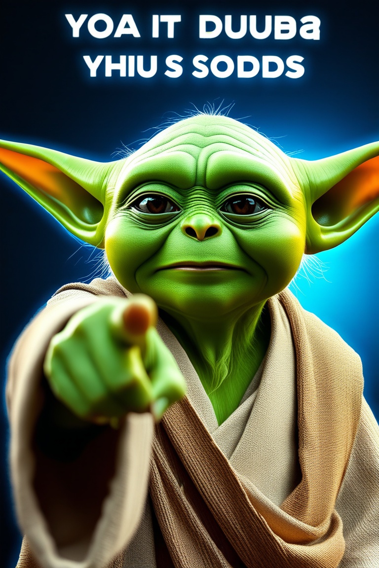 Yoda pointing at viewer on the top of the image there is a text with the words " buzz you have must " on Tensor.Art