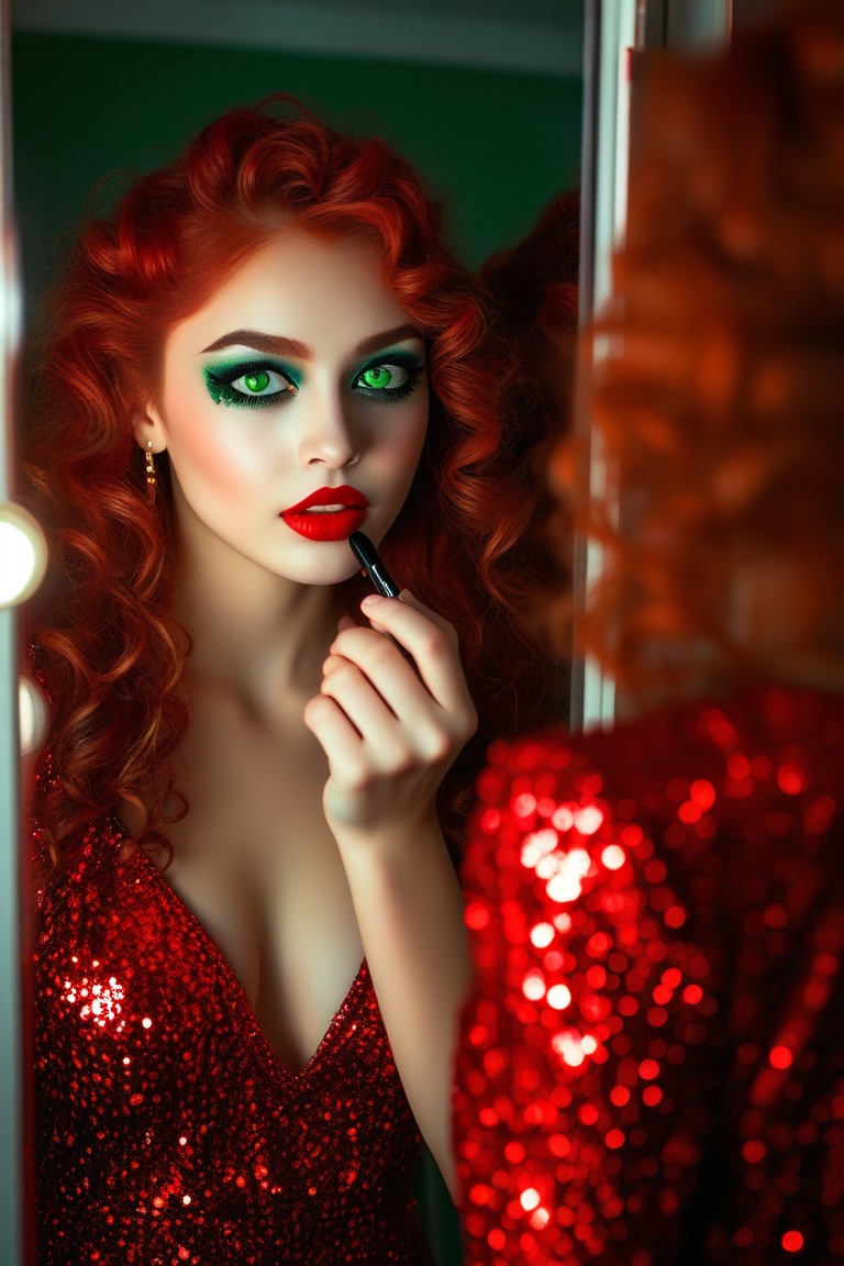 close-up photo of a beautiful young woman with red curly hair and green eyes,  in a red sequined party dress,  applying re...
