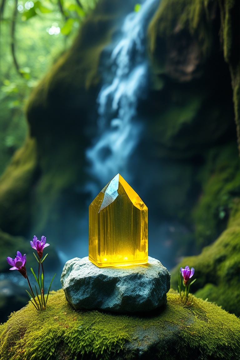 A shimmering citrine floating above an ancient,  moss-covered stone altar in a dense,  enchanted forest. on Tensor.Art