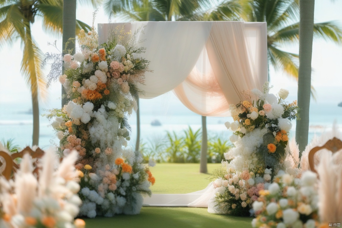 the background is the big lawn, wedding,大海,flower,table