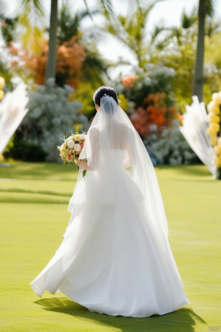 Asian girl, close-up, the background is the big lawn, wedding