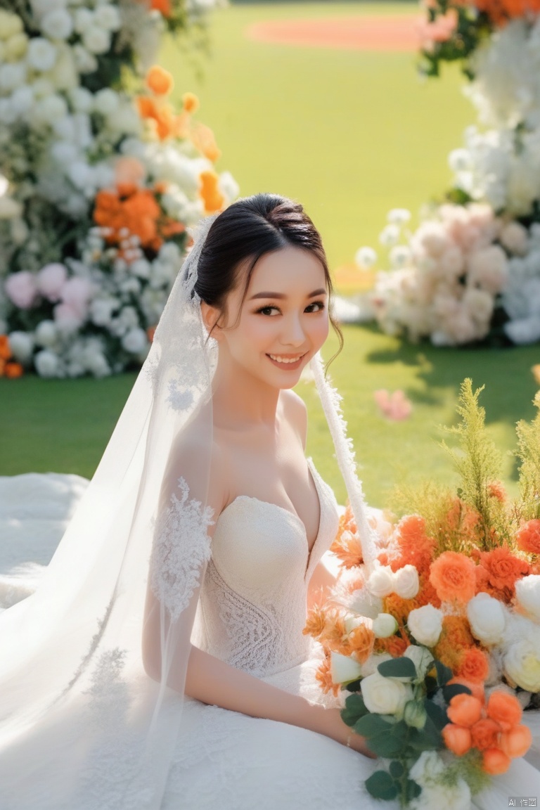 Asian girl, close-up, the background is the big lawn, wedding