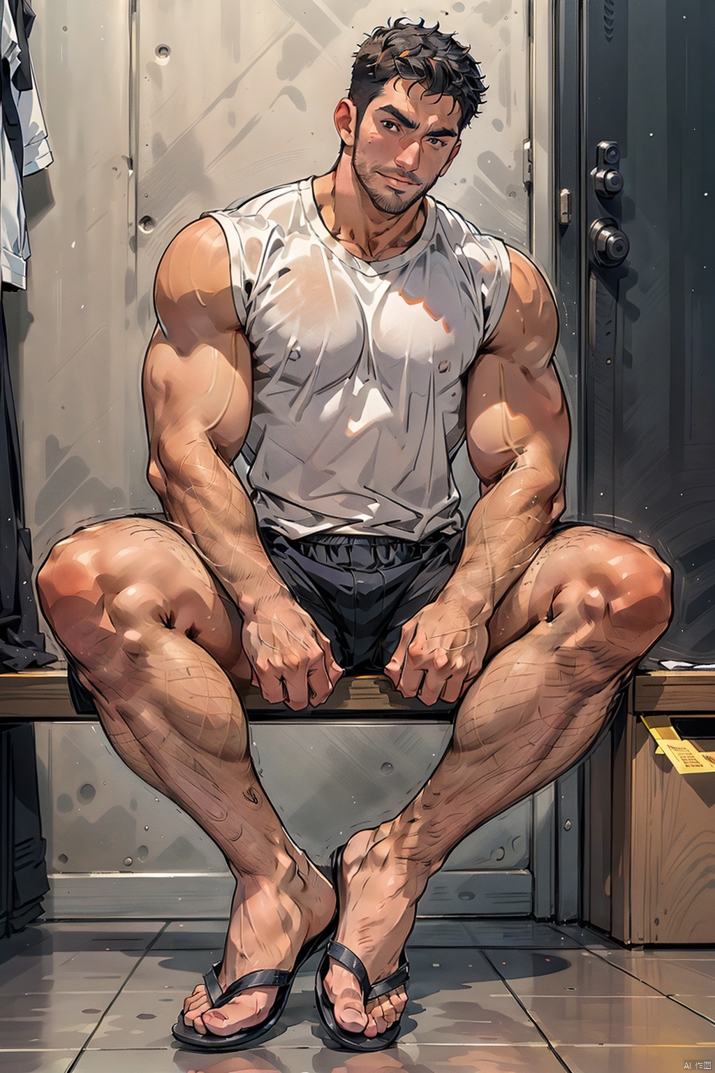 Best quality, masterpiece, ultra high res, detailed background, game_cg,
mature male, muscular male,(Asian handsome guy:1.5),(crew_cut:1.2),  thick thighs, thick arms, solo, looking at viewer,flip-flops,One foot on the bench, topless, wearing flip flops, breifs,Lying on a chair, hands naturally hanging down, head tilted back, crossed legs,Gym changing room,long shot,full shot,feet,